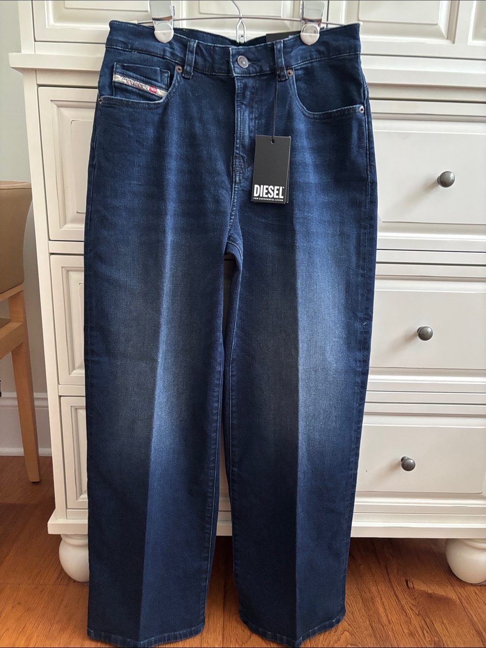 NWT Diesel Jeans Wide Leg High Rise Loose Fit Dark Blue Stretch Italian Denim